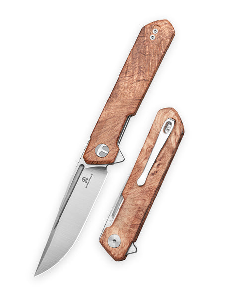BESTECHMAN DUNDEE BMK01-W-1: 3.35" D2 Steel Blade, Wood Scales, Liner Lock, Flipper