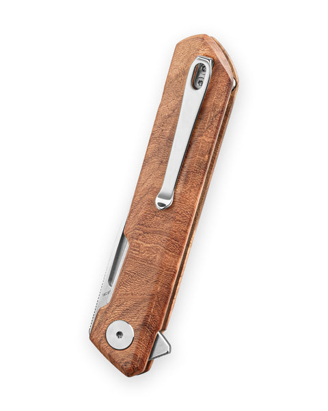 BESTECHMAN DUNDEE BMK01-W-2: 3.35" 14C28N Steel Blade, Wood Scales, Liner Lock, Flipper