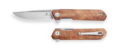 BESTECHMAN DUNDEE BMK01-W-2: 3.35" 14C28N Steel Blade, Wood Scales, Liner Lock, Flipper