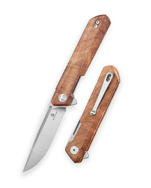 BESTECHMAN DUNDEE BMK01-W-2: 3.35" 14C28N Steel Blade, Wood Scales, Liner Lock, Flipper