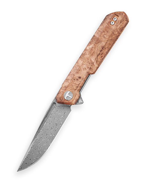 BESTECHMAN DUNDEE BMK01-W-3: 3.35" Damascus Steel Blade, Wood Scales, Liner Lock, Flipper