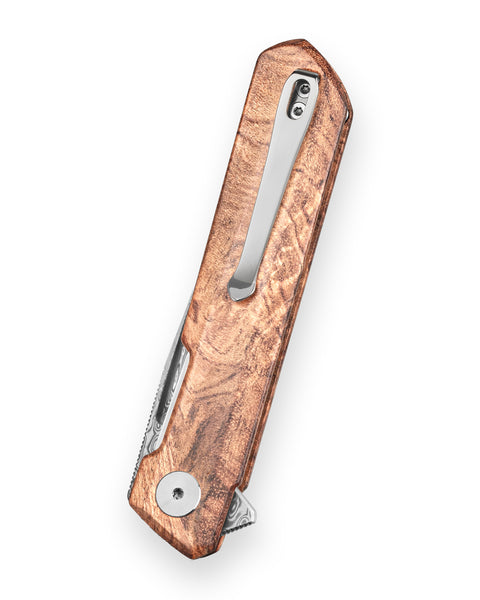 BESTECHMAN DUNDEE BMK01-W-3: 3.35" Damascus Steel Blade, Wood Scales, Liner Lock, Flipper