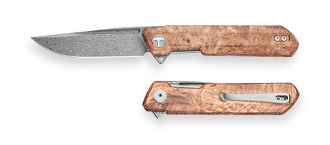 BESTECHMAN DUNDEE BMK01-W-3: 3.35" Damascus Steel Blade, Wood Scales, Liner Lock, Flipper