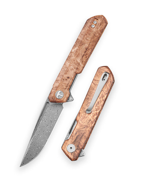 BESTECHMAN DUNDEE BMK01-W-3: 3.35" Damascus Steel Blade, Wood Scales, Liner Lock, Flipper