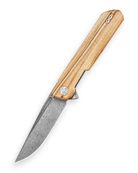 BESTECHMAN DUNDEE BMK01-W-6: 3.35" Damascus Steel Blade, Wood Scales, Liner Lock, Flipper