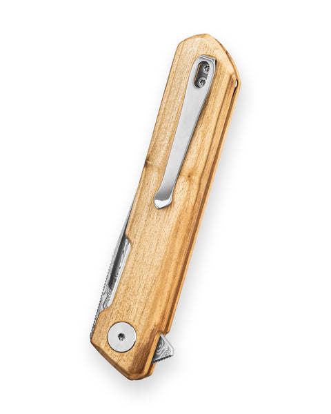 BESTECHMAN DUNDEE BMK01-W-6: 3.35" Damascus Steel Blade, Wood Scales, Liner Lock, Flipper