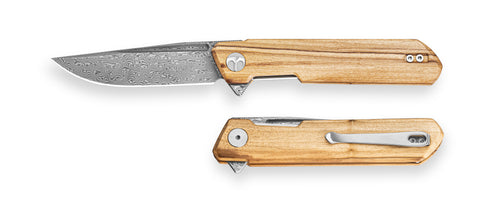 BESTECHMAN DUNDEE BMK01-W-6: 3.35" Damascus Steel Blade, Wood Scales, Liner Lock, Flipper