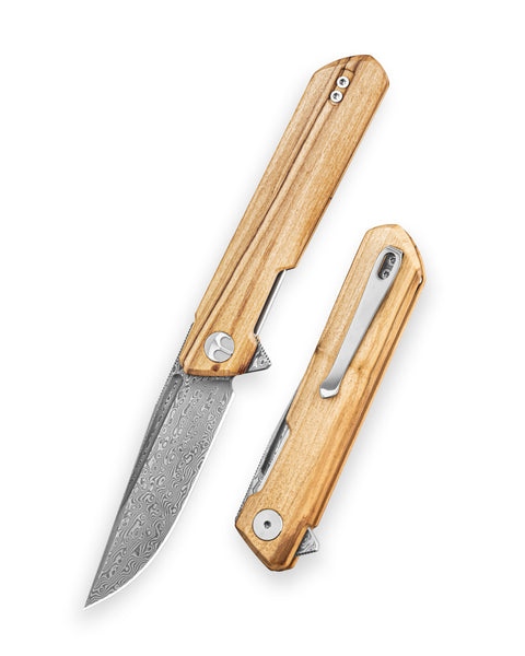 BESTECHMAN DUNDEE BMK01-W-6: 3.35" Damascus Steel Blade, Wood Scales, Liner Lock, Flipper