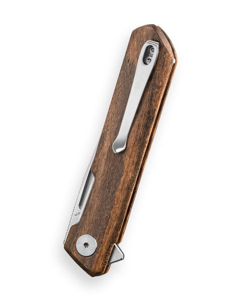 BESTECHMAN DUNDEE BMK01-W-8: 3.35" 14C28N Steel Blade, Wood Scales, Liner Lock, Flipper
