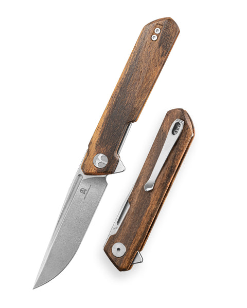 BESTECHMAN DUNDEE BMK01-W-8: 3.35" 14C28N Steel Blade, Wood Scales, Liner Lock, Flipper