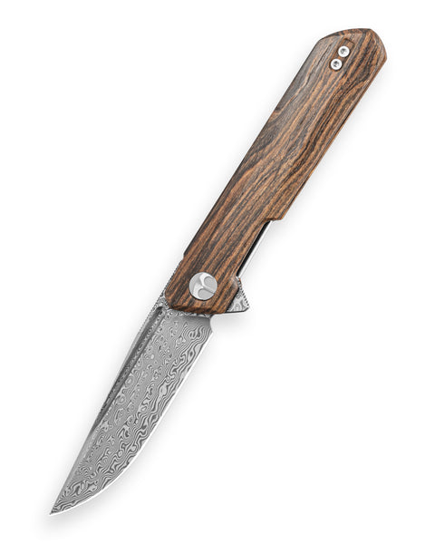 BESTECHMAN DUNDEE BMK01-W-9: 3.35" Damascus Steel Blade, Wood Scales, Liner Lock, Flipper