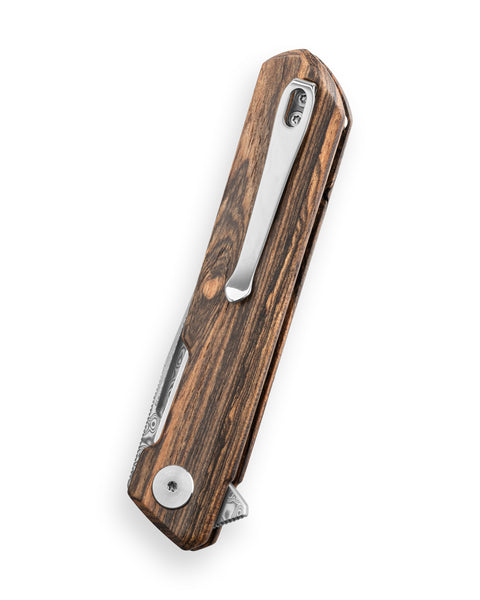 BESTECHMAN DUNDEE BMK01-W-9: 3.35" Damascus Steel Blade, Wood Scales, Liner Lock, Flipper