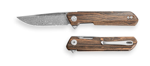 BESTECHMAN DUNDEE BMK01-W-9: 3.35" Damascus Steel Blade, Wood Scales, Liner Lock, Flipper