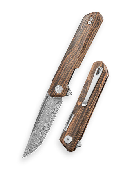 BESTECHMAN DUNDEE BMK01-W-9: 3.35" Damascus Steel Blade, Wood Scales, Liner Lock, Flipper