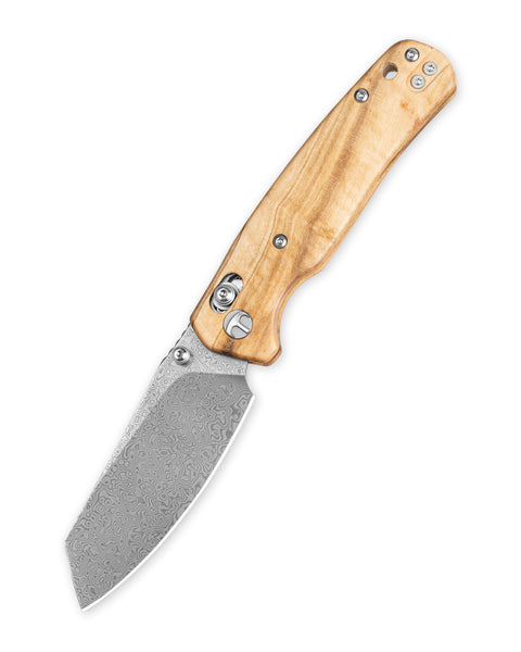 BESTECHMAN CICADA'S WING BMK06-W-2: 3.15" Damascus Blade, Olive Wood Scales, B-Lock, Folding Knife