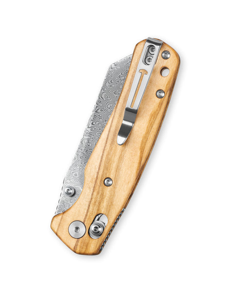 BESTECHMAN CICADA'S WING BMK06-W-2: 3.15" Damascus Blade, Olive Wood Scales, B-Lock, Folding Knife