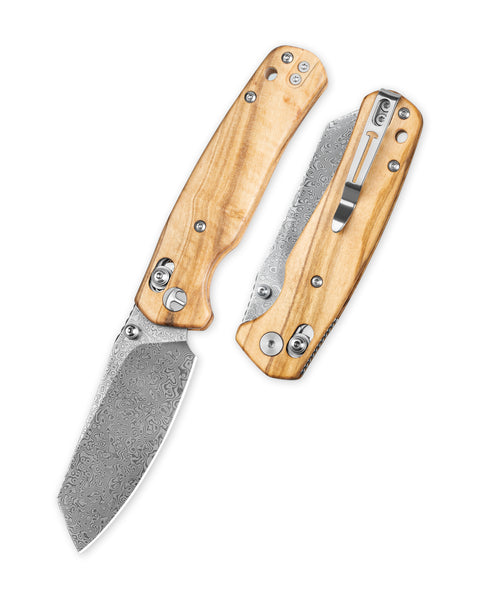 BESTECHMAN CICADA'S WING BMK06-W-2: 3.15" Damascus Blade, Olive Wood Scales, B-Lock, Folding Knife