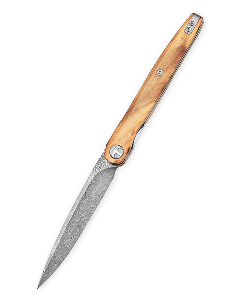 BESTECHMAN LANZA BMK14-D-4: 3.45" Damascus Blade, Olive Wood Scales, Liner Lock, Front Flipper