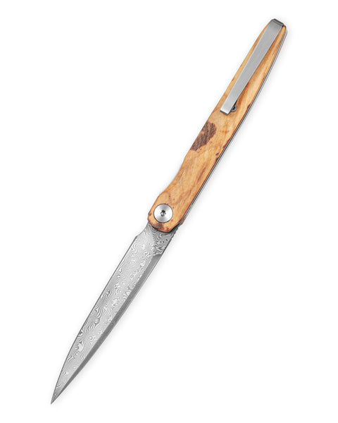 BESTECHMAN LANZA BMK14-D-4: 3.45" Damascus Blade, Olive Wood Scales, Liner Lock, Front Flipper
