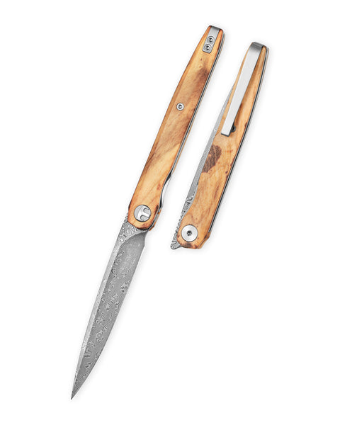 BESTECHMAN LANZA BMK14-D-4: 3.45" Damascus Blade, Olive Wood Scales, Liner Lock, Front Flipper