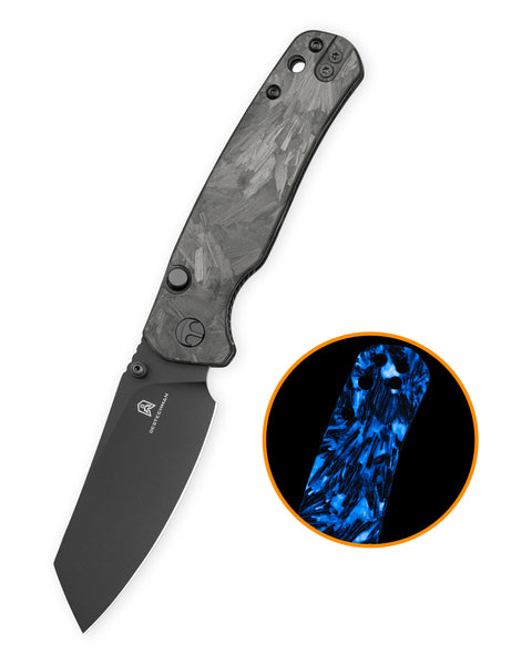 BESTECHMAN CICADA'S WING-TL BMK24-T-1: 3.15" 14C28N Blade, Blue Glow Carbon Fiber Scales, Button-Actuated Liner Lock, Folding Knife