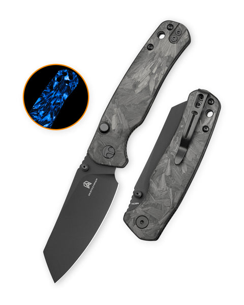BESTECHMAN CICADA'S WING-TL BMK24-T-1: 3.15" 14C28N Blade, Blue Glow Carbon Fiber Scales, Button-Actuated Liner Lock, Folding Knife