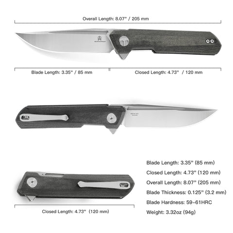 BESTECHMAN DUNDEE BMK01J: 3.35" D2 Steel Blade, Micarta Scales, Liner Lock, Flipper
