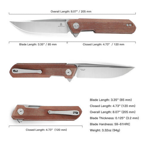 BESTECHMAN DUNDEE BMK01K: 3.35" D2 Steel Blade, Micarta Scales, Liner Lock, Flipper