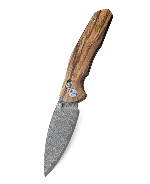 BESTECHMAN RONAN BMK02M: 3.26" Damascus Blade,  Olivewood Scales, B-Lock, Folding Knife