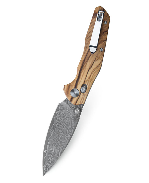 BESTECHMAN RONAN BMK02M: 3.26" Damascus Blade,  Olivewood Scales, B-Lock, Folding Knife