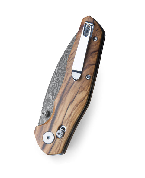 BESTECHMAN RONAN BMK02M: 3.26" Damascus Blade,  Olivewood Scales, B-Lock, Folding Knife