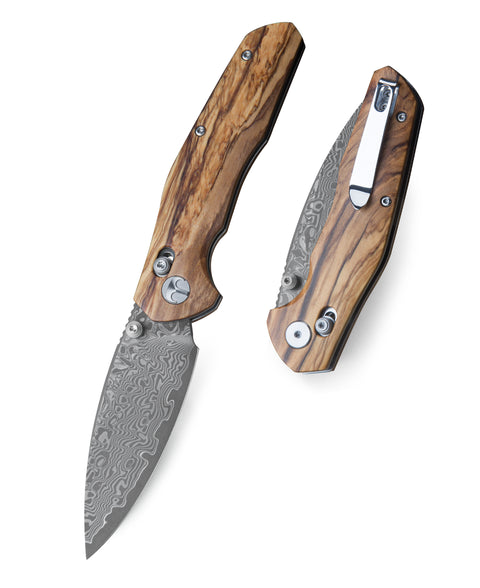BESTECHMAN RONAN BMK02M: 3.26" Damascus Blade,  Olivewood Scales, B-Lock, Folding Knife